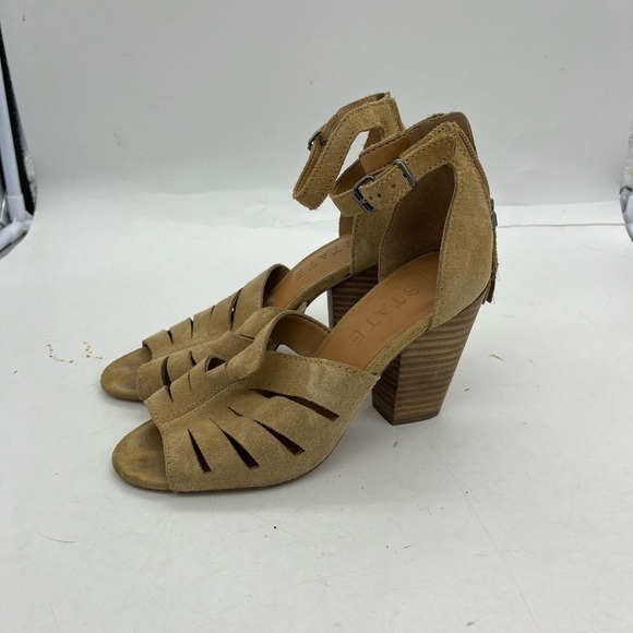 1. State Women’s Nallay Tan Genuine Suede Block Heel Ankle Strap Sandal Heels - Picture 2 of 14